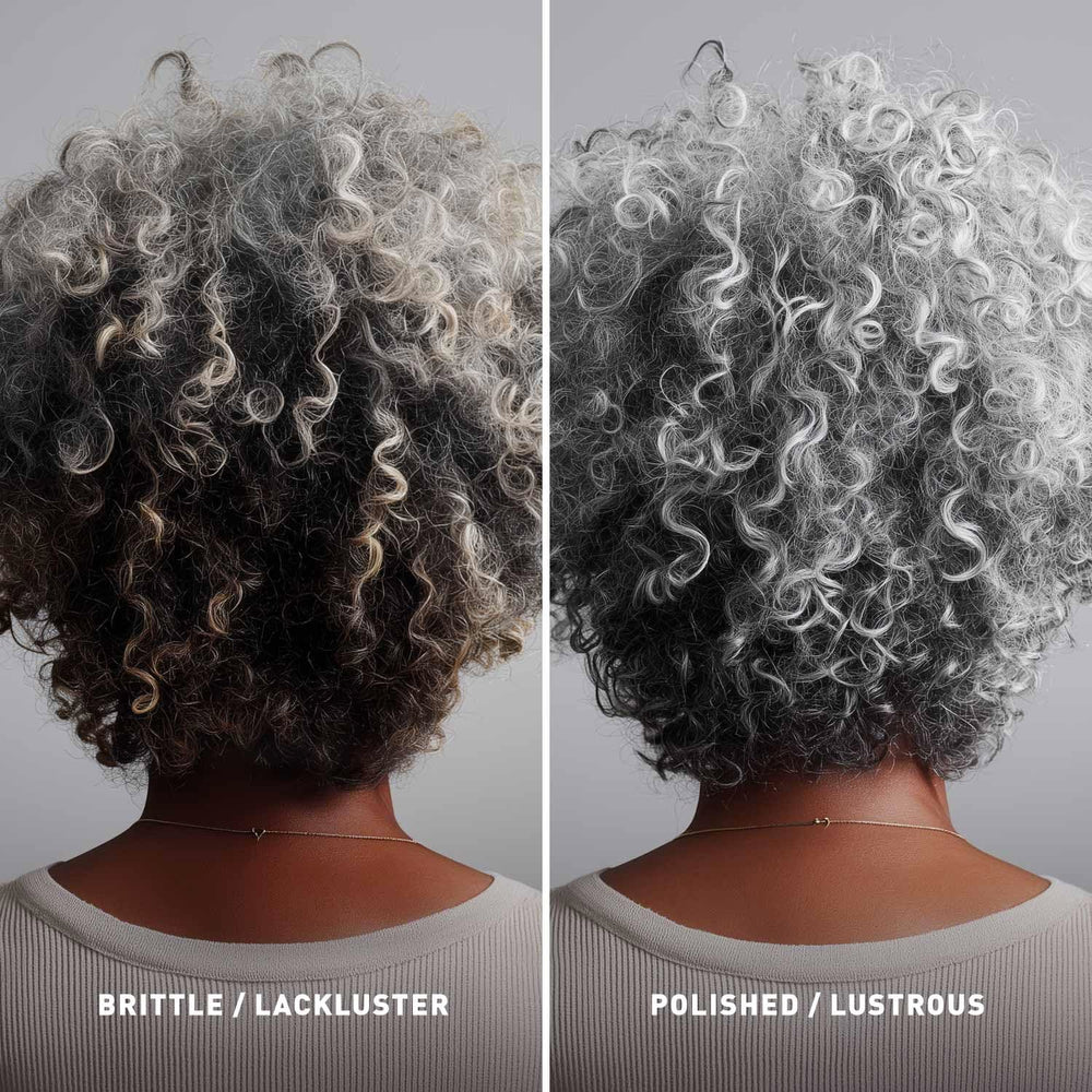 Just Nutritive before and after gray hair comparison showing reduced brassiness