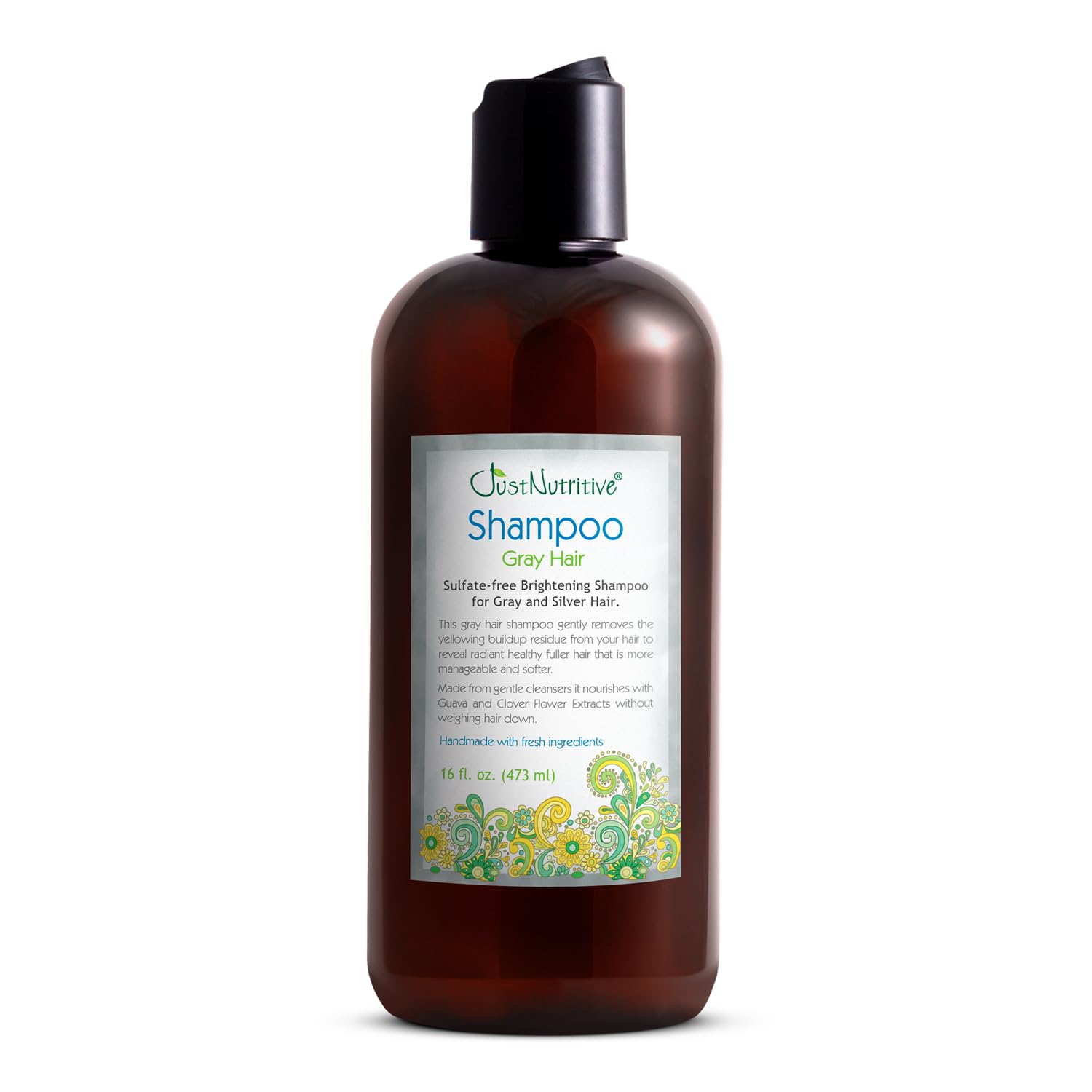 Just Nutritive front bottle view showing gray hair shampoo restoring cool tones