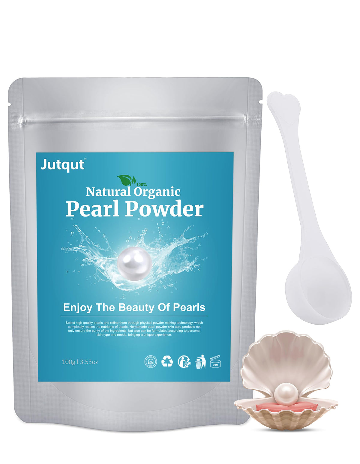 Jutqut front packaging showing 100g pearl powder for easy identification and benefits