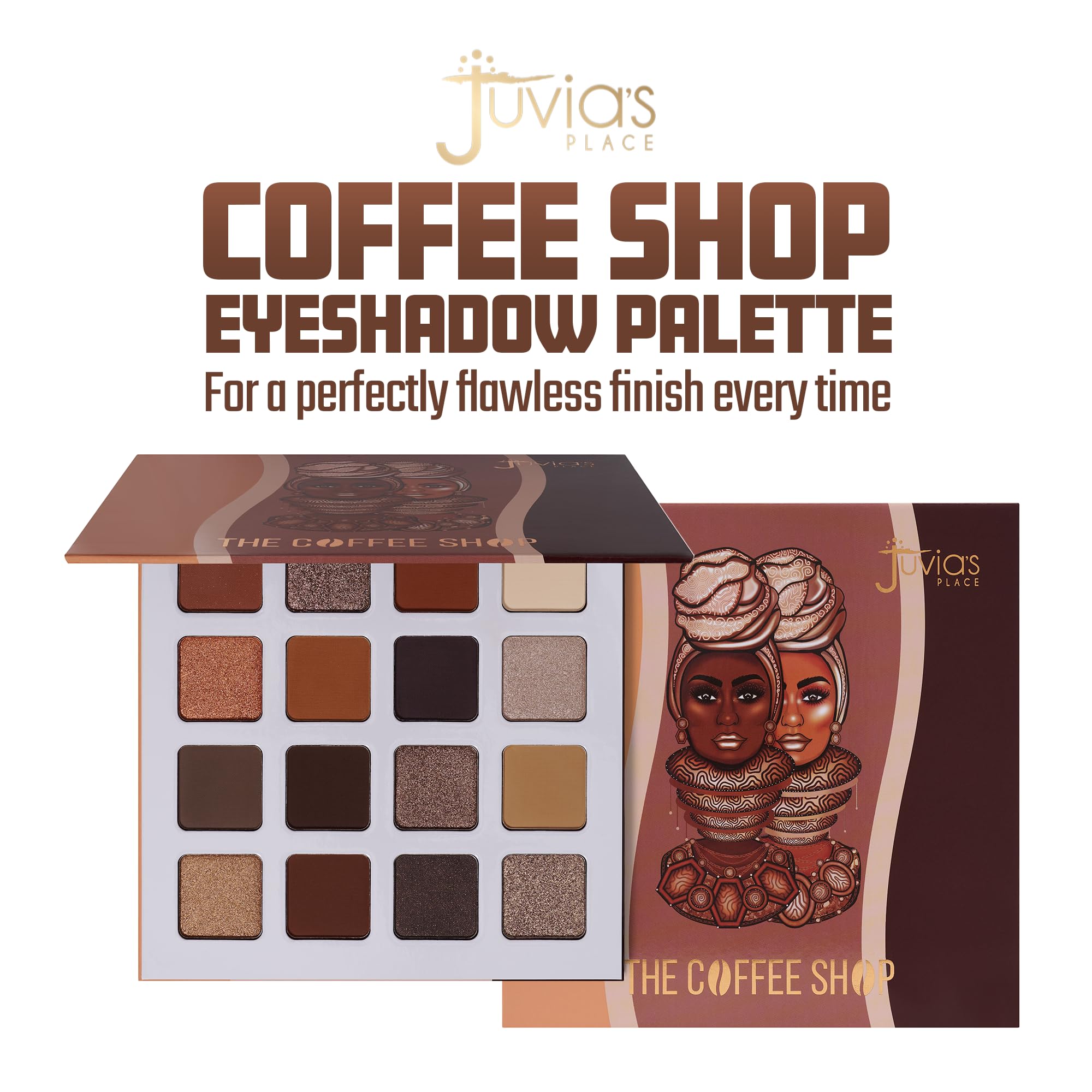 Juvia's Place open 16-pan layout displaying coordinated warm neutral shades