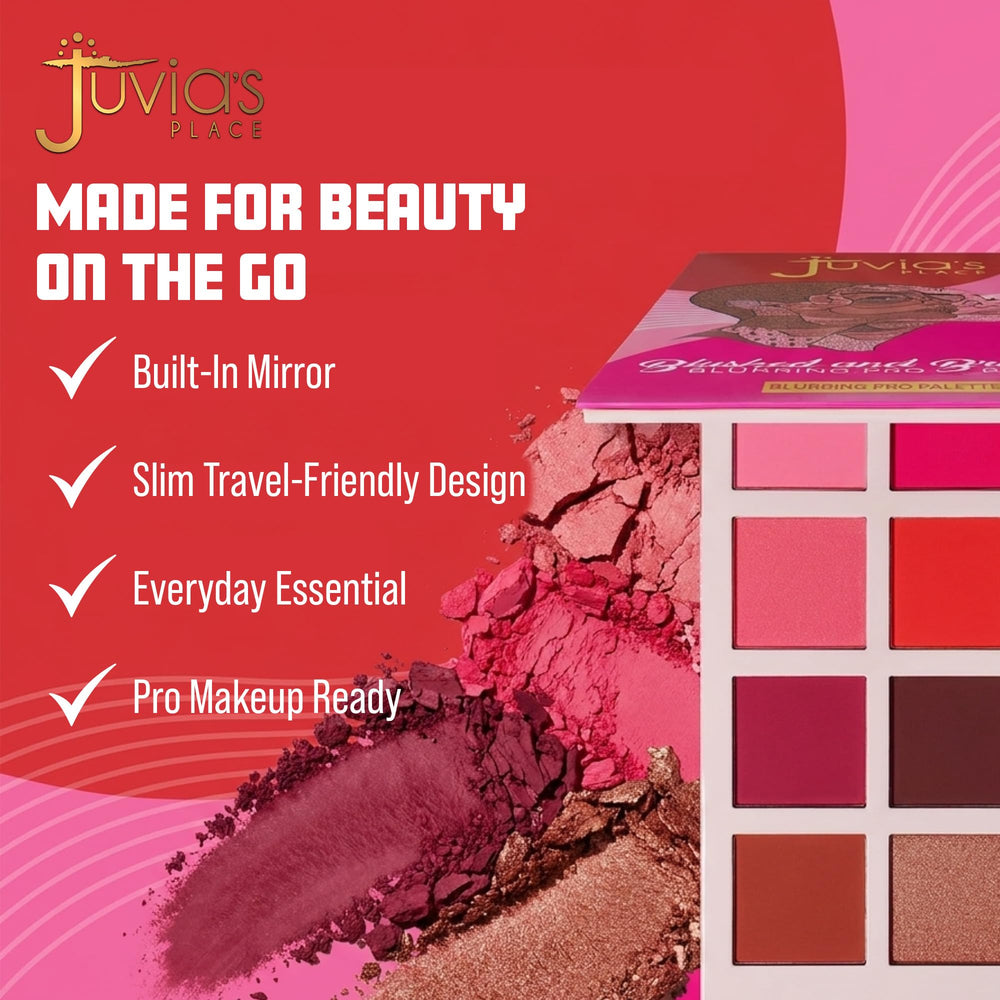 Juvia's Place styled on vanity with brushes shows versatile palette for everyday routines