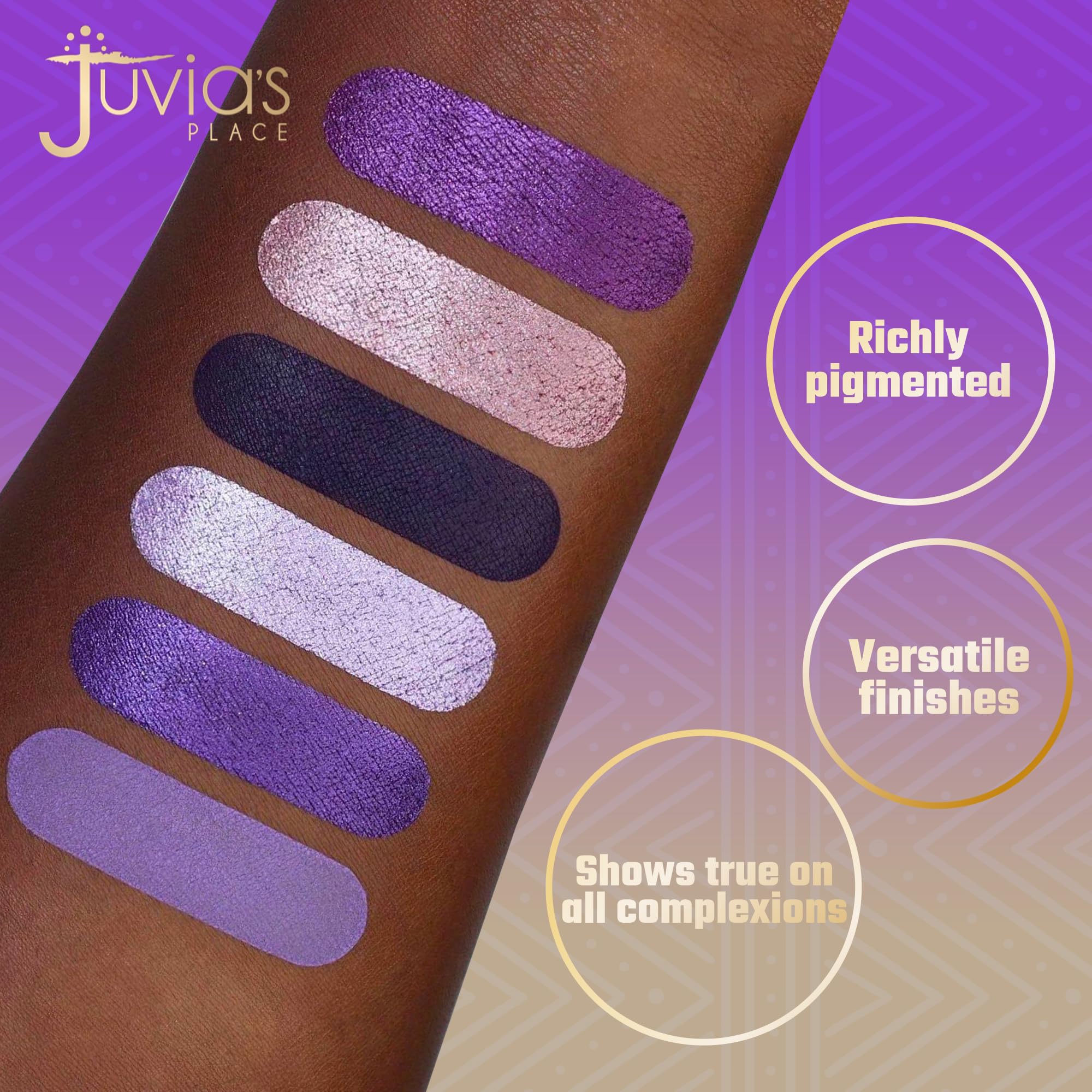 Juvia's Place open palette showing nine violet shades for versatile eye looks