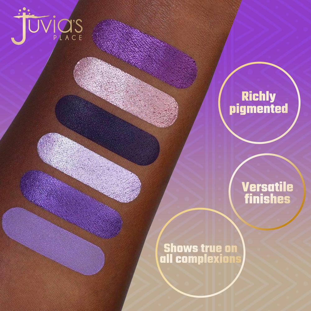 Juvia's Place open palette showing nine violet shades for versatile eye looks