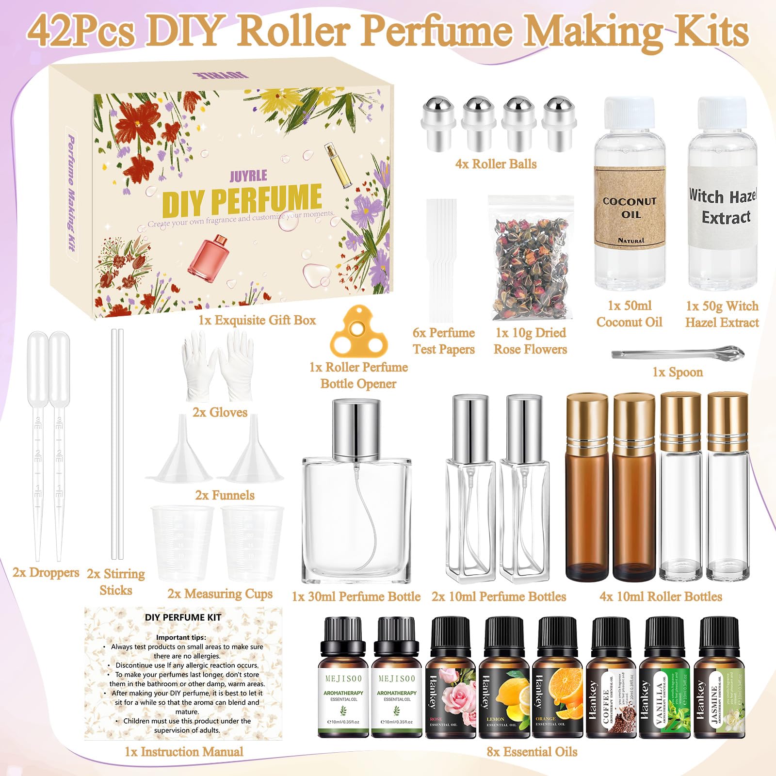 JUYRLE essential oils layout illustrating scent options and variety
