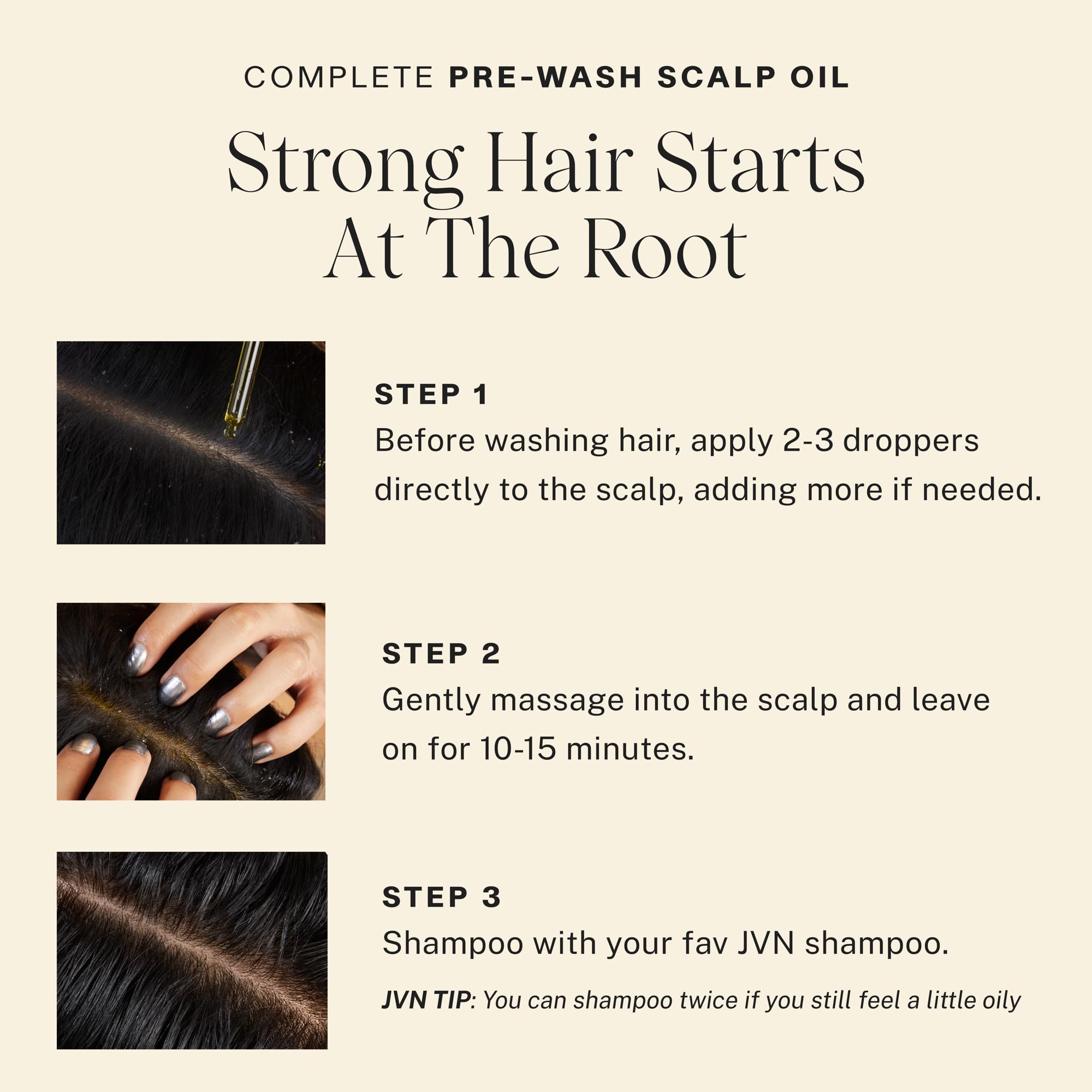 JVN applying oil to scalp demonstrating targeted pre-wash treatment