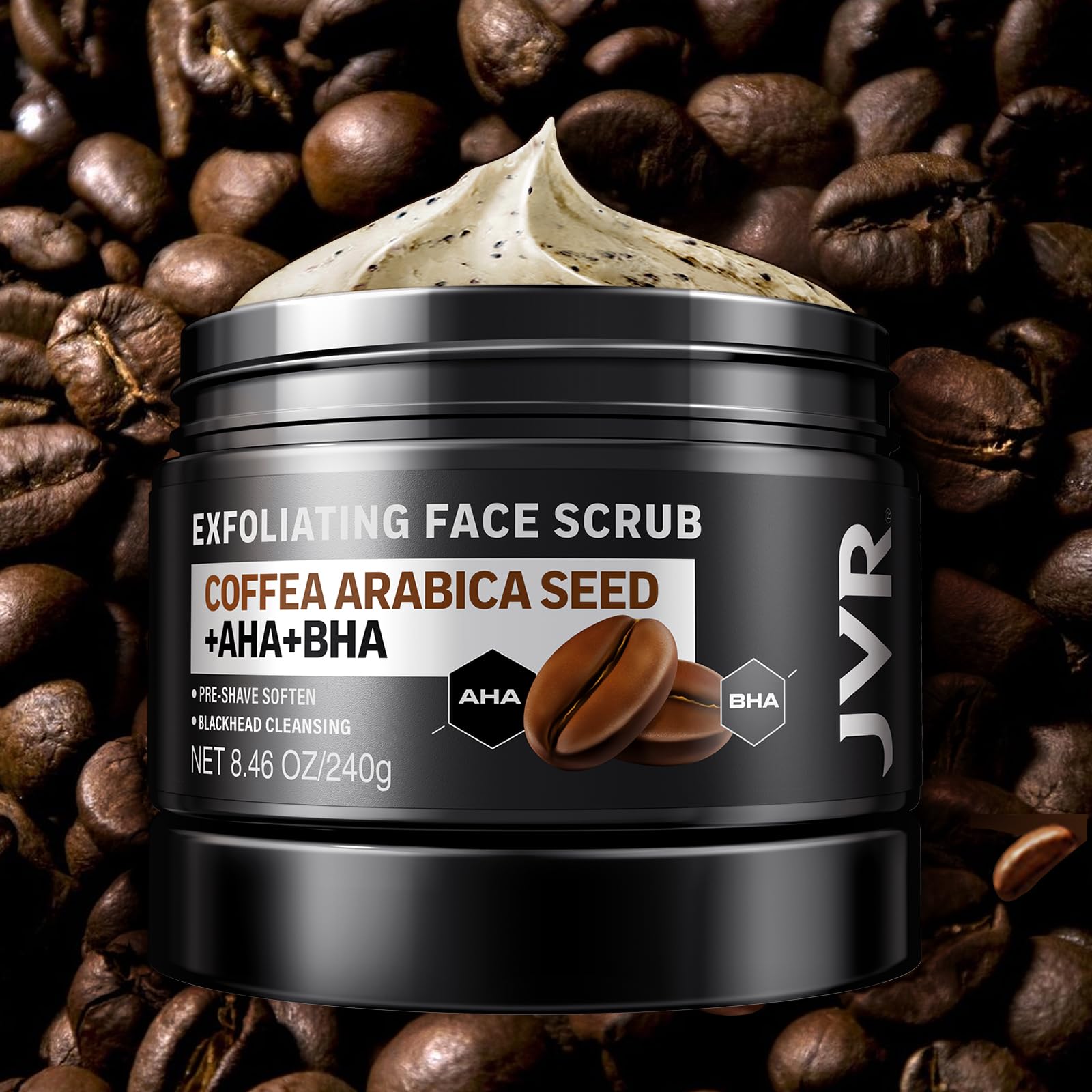 JVR ingredients label close-up, displays AHA BHA and coffee extract benefits