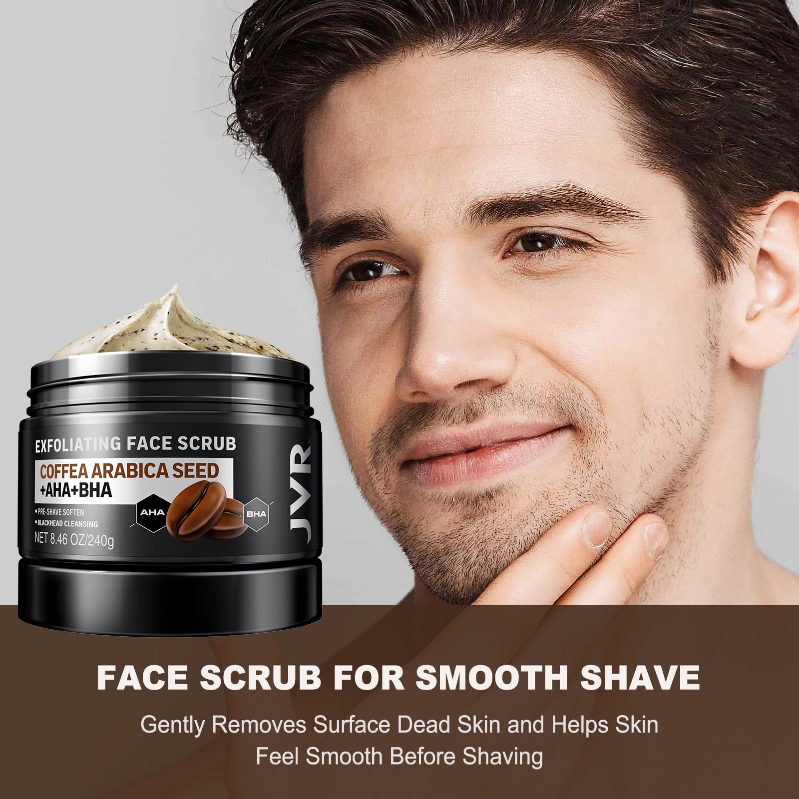 JVR coffee-granule scrub texture close-up, shows exfoliating action and depth