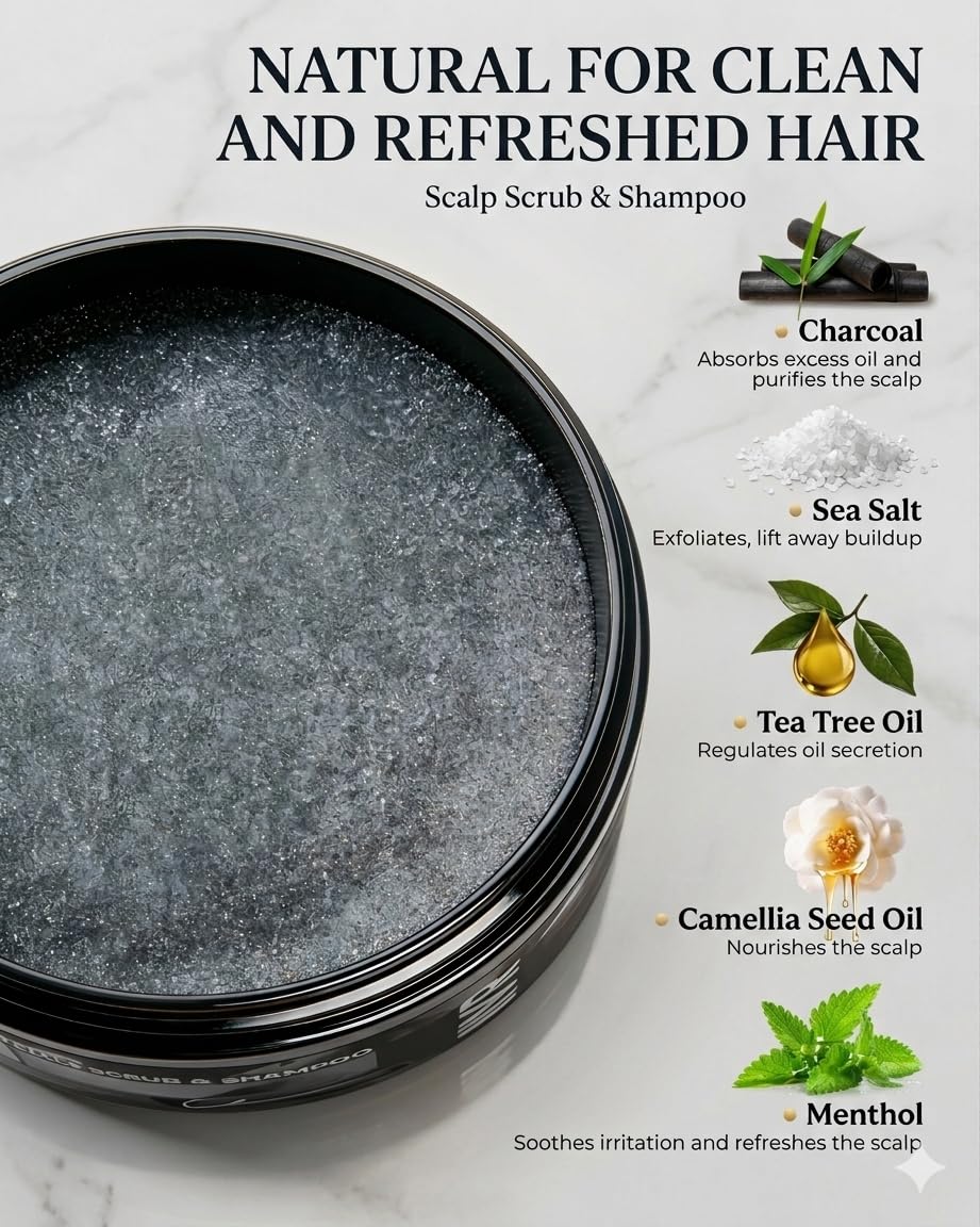JVR scalp scrub ingredients flatlay with charcoal sea salt and tea tree oil