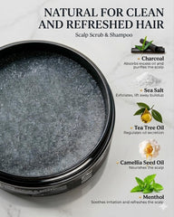 JVR scalp scrub ingredients flatlay with charcoal sea salt and tea tree oil