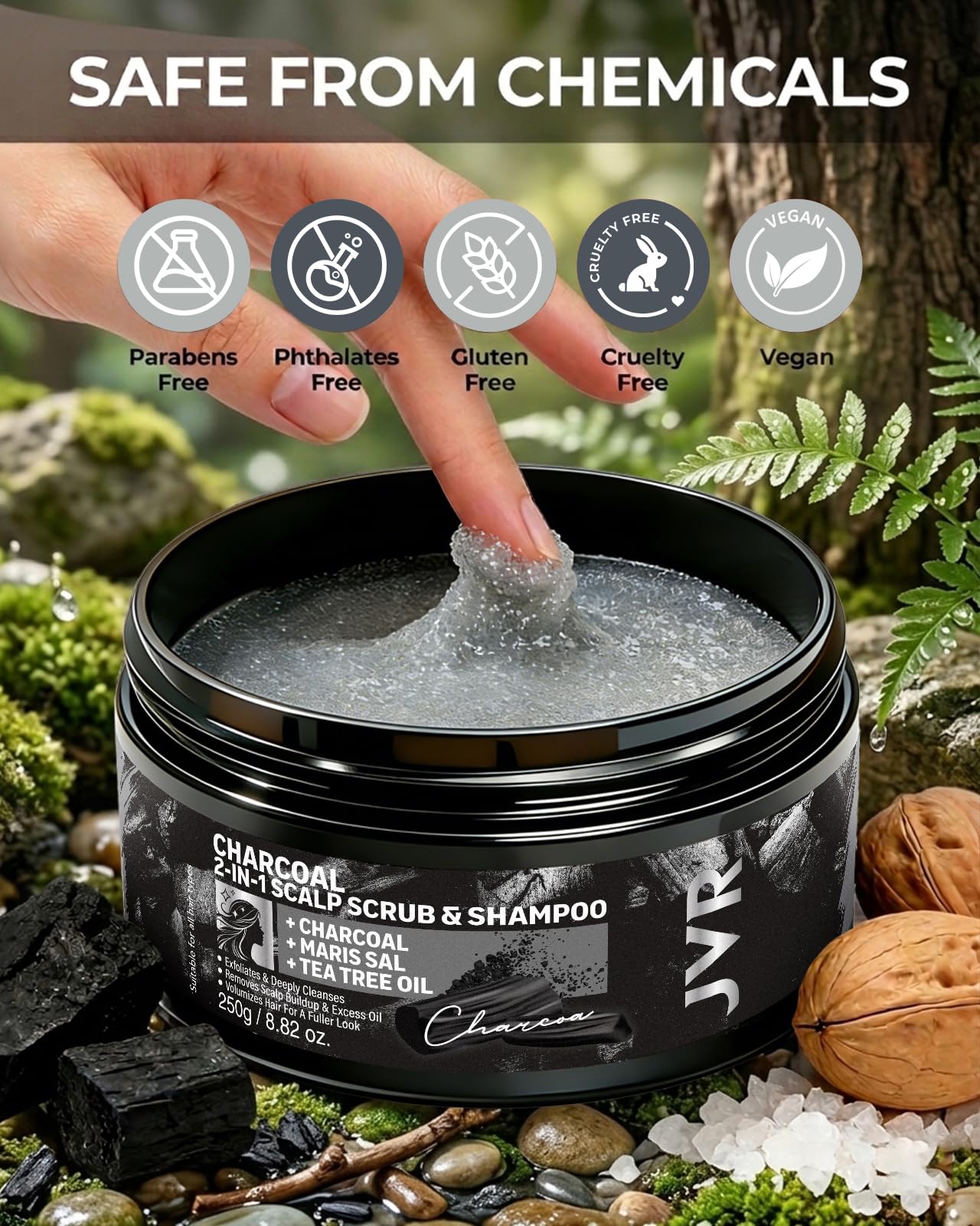 JVR scalp scrub label close-up showing clean ingredients and vegan claim