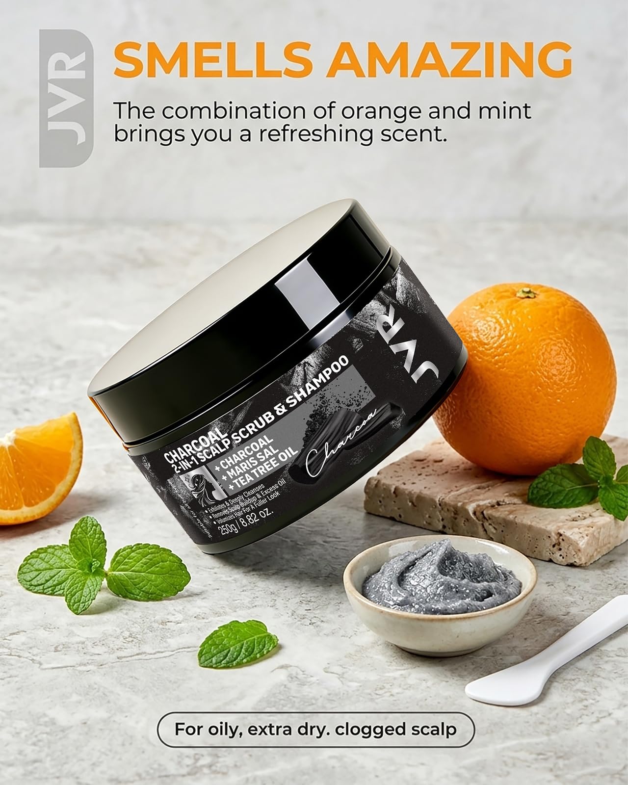 JVR scalp scrub lifestyle shot post-workout showing cooling refresh benefit