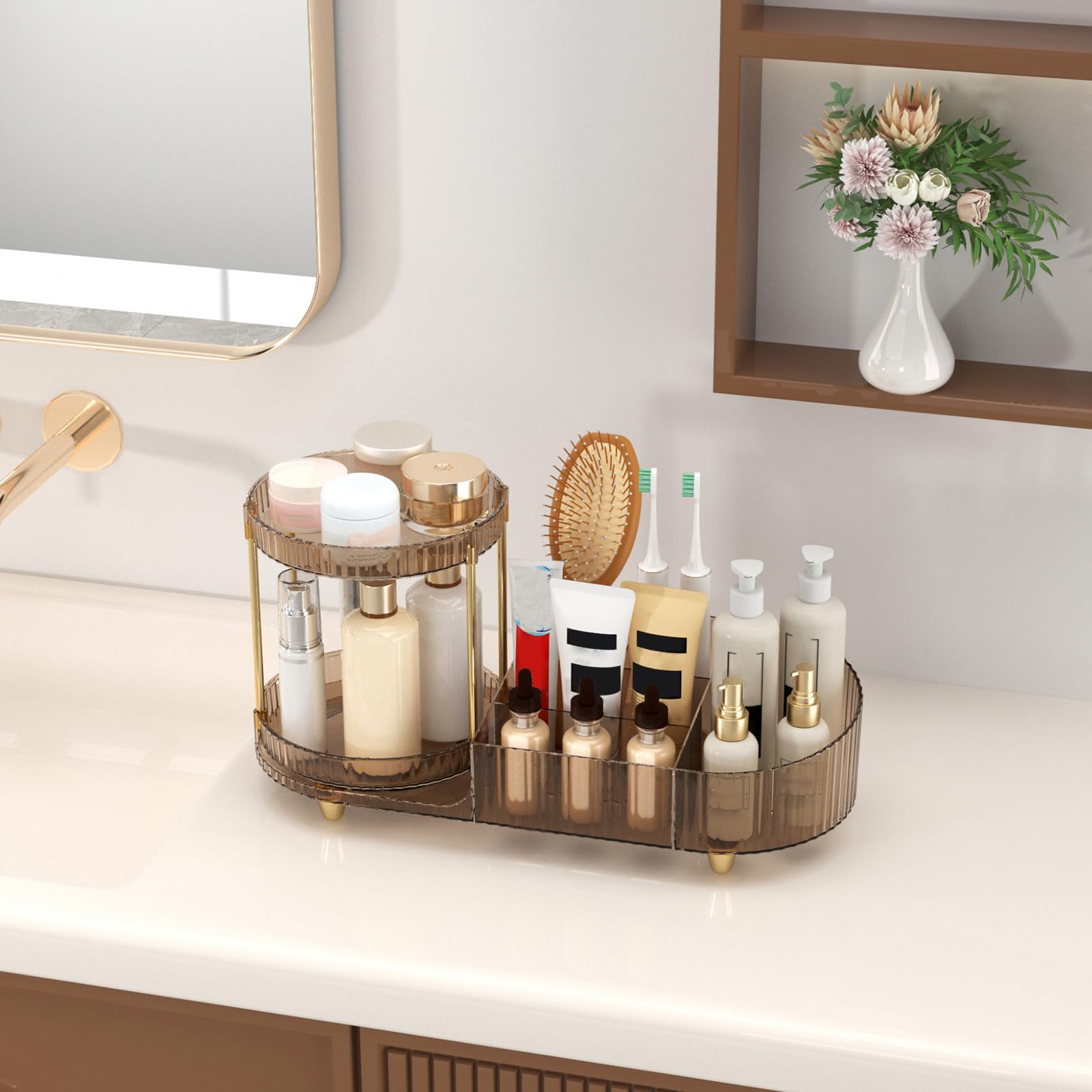 Jywantful lifestyle shot on bathroom vanity reducing clutter and elevating decor