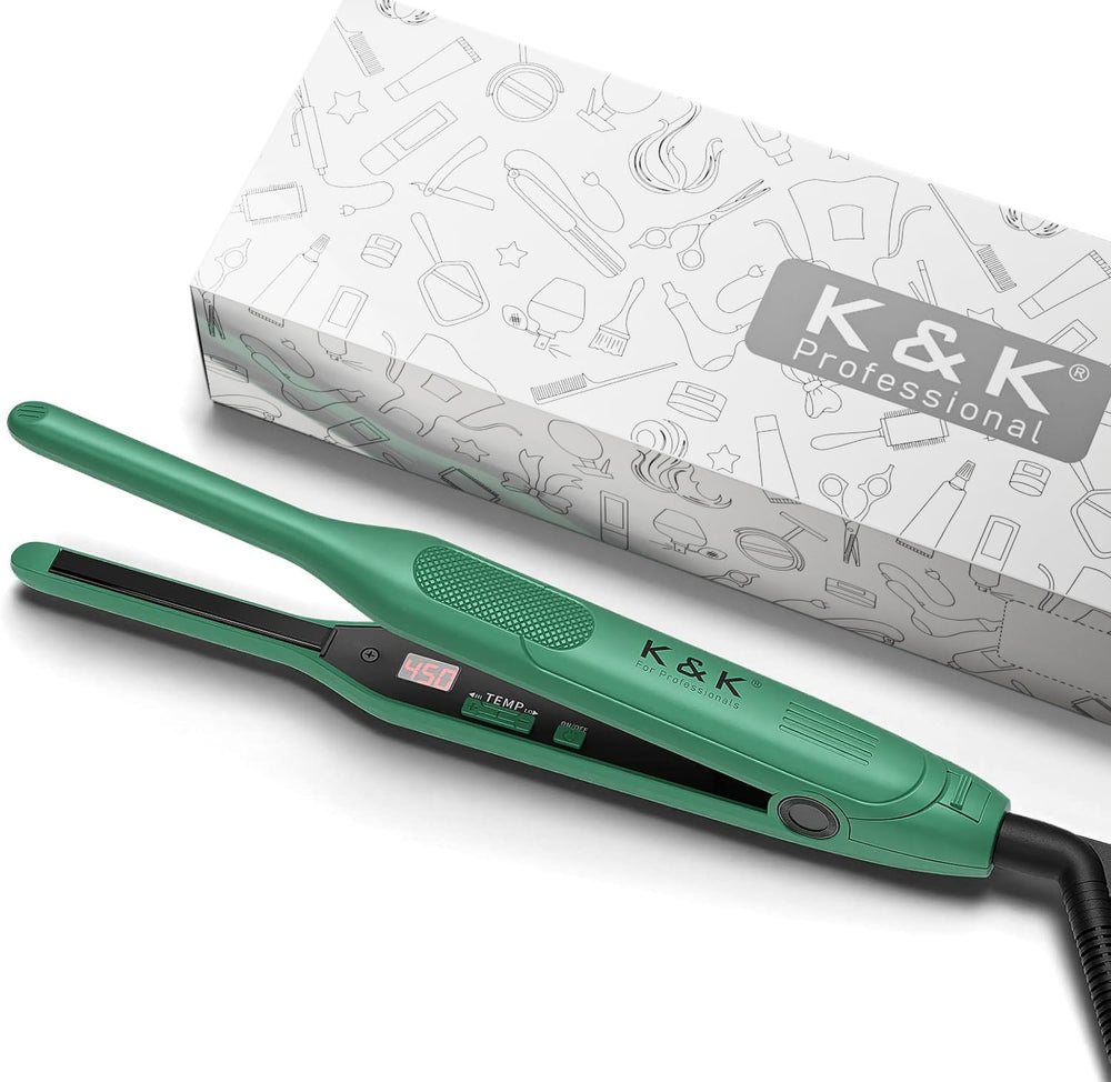 K&K mini flat iron front view showing compact shape and quick styling benefit