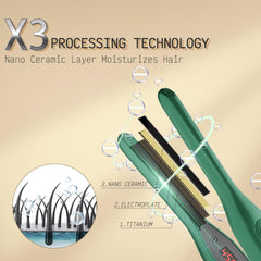 K&K plate close-up of titanium-ceramic surface reducing frizz for smoother hair