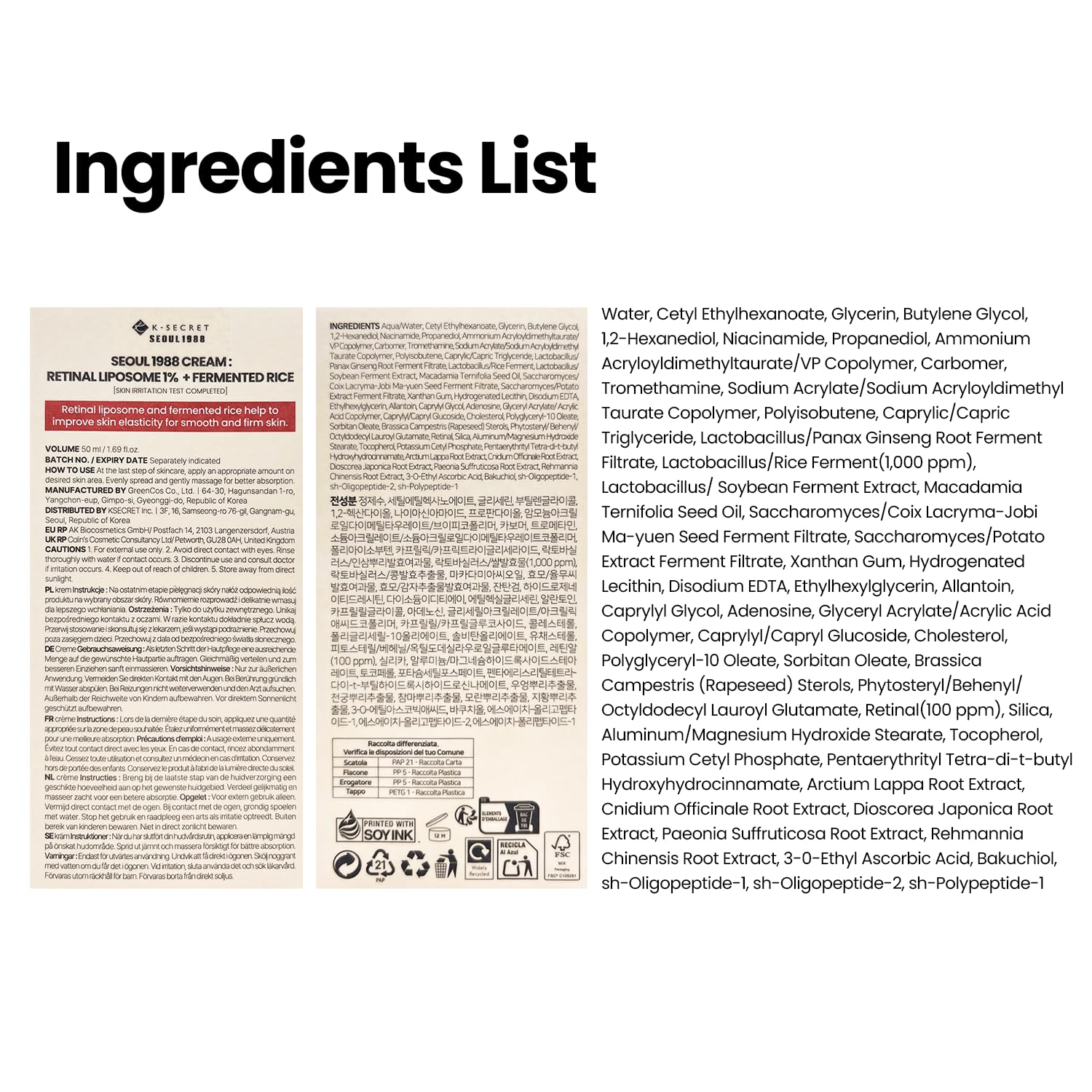 K-SECRET label close-up showing ingredient list and usage guidance benefit