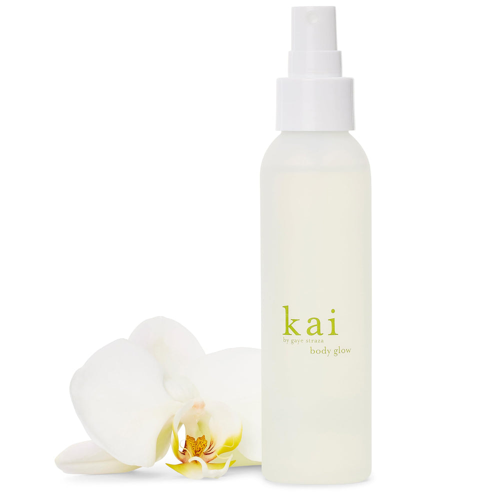 kai body glow front bottle showing elegant spray and design for easy application