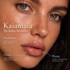 Kaiamala balm applied on lips demonstrating subtle tint and shine benefit