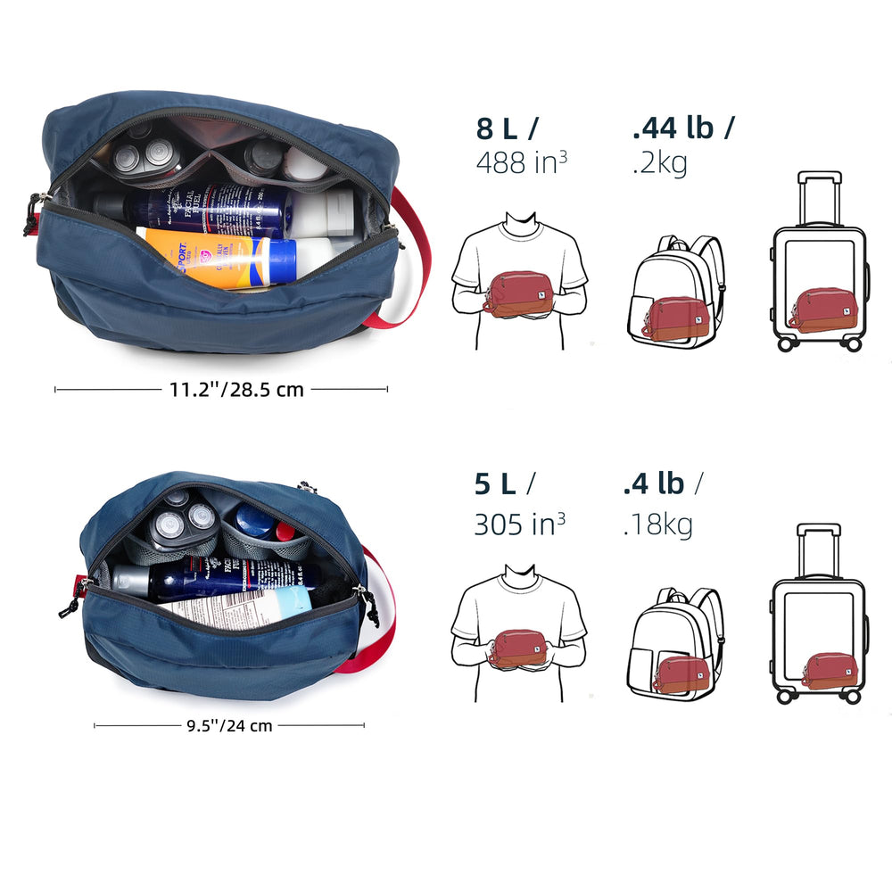 kalgoTeal filled with full-size toiletries demonstrating real storage capacity