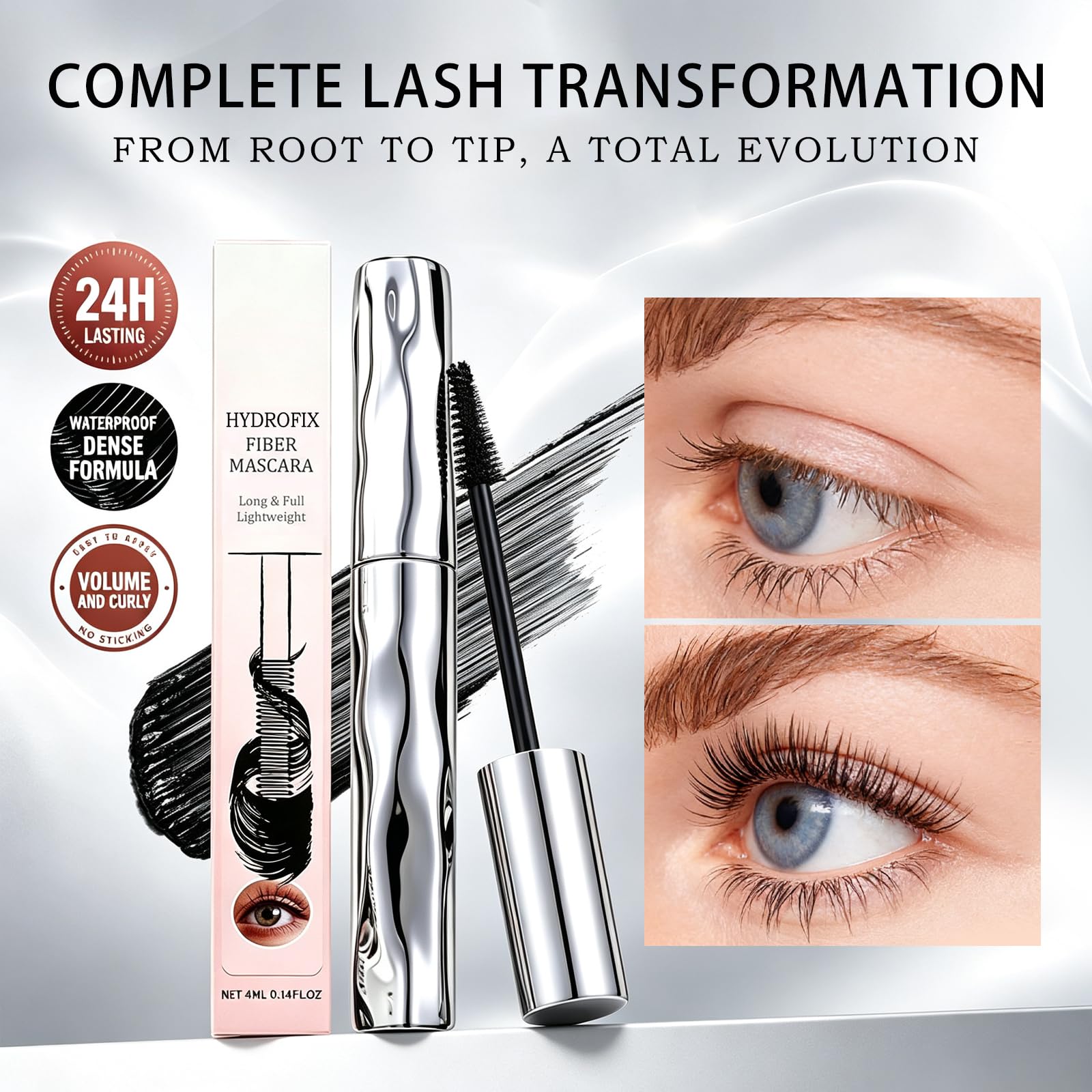 Kaminii application on model eyes illustrating lengthening and defined lashes