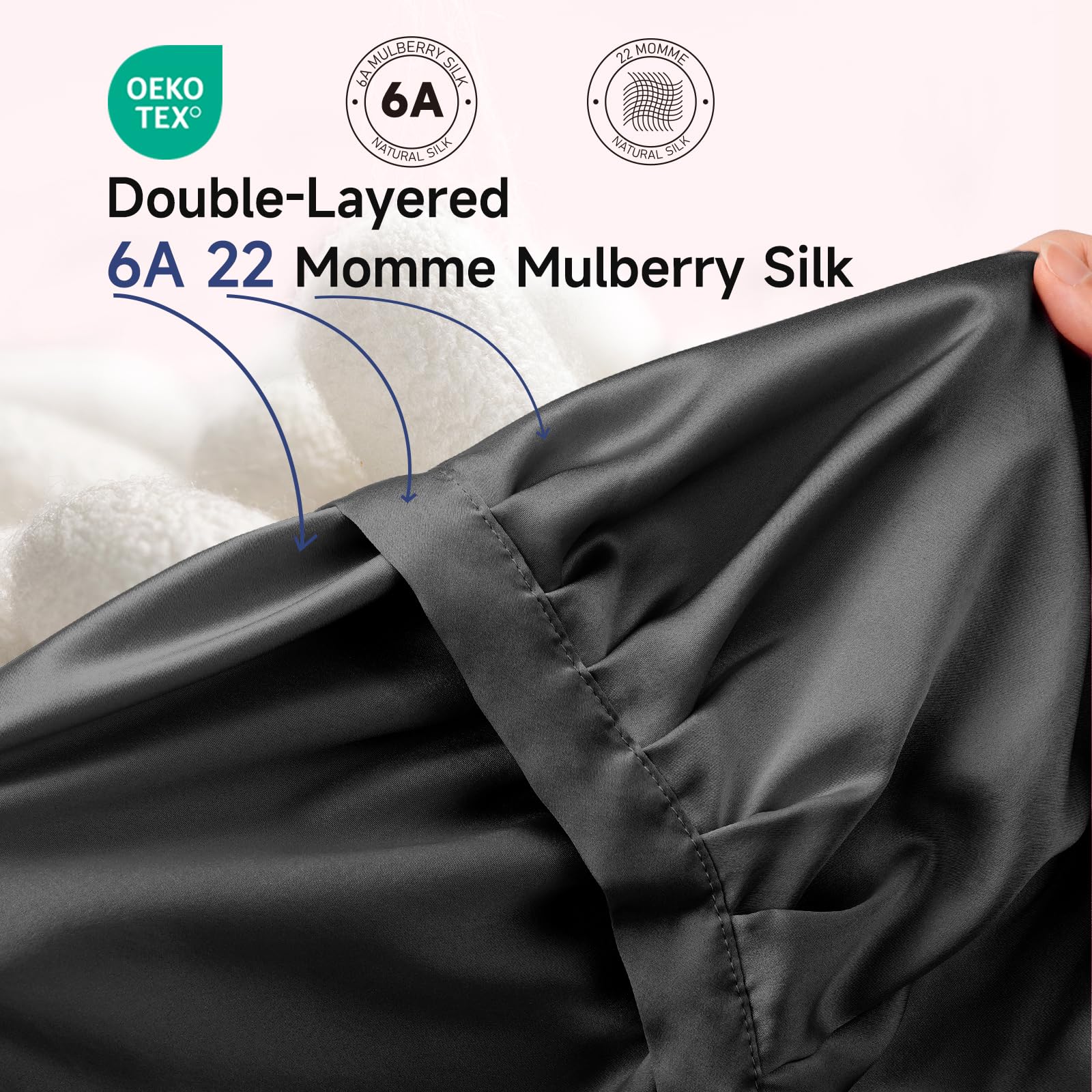 Kaome close-up of double-layer mulberry silk, smooth texture protects hair