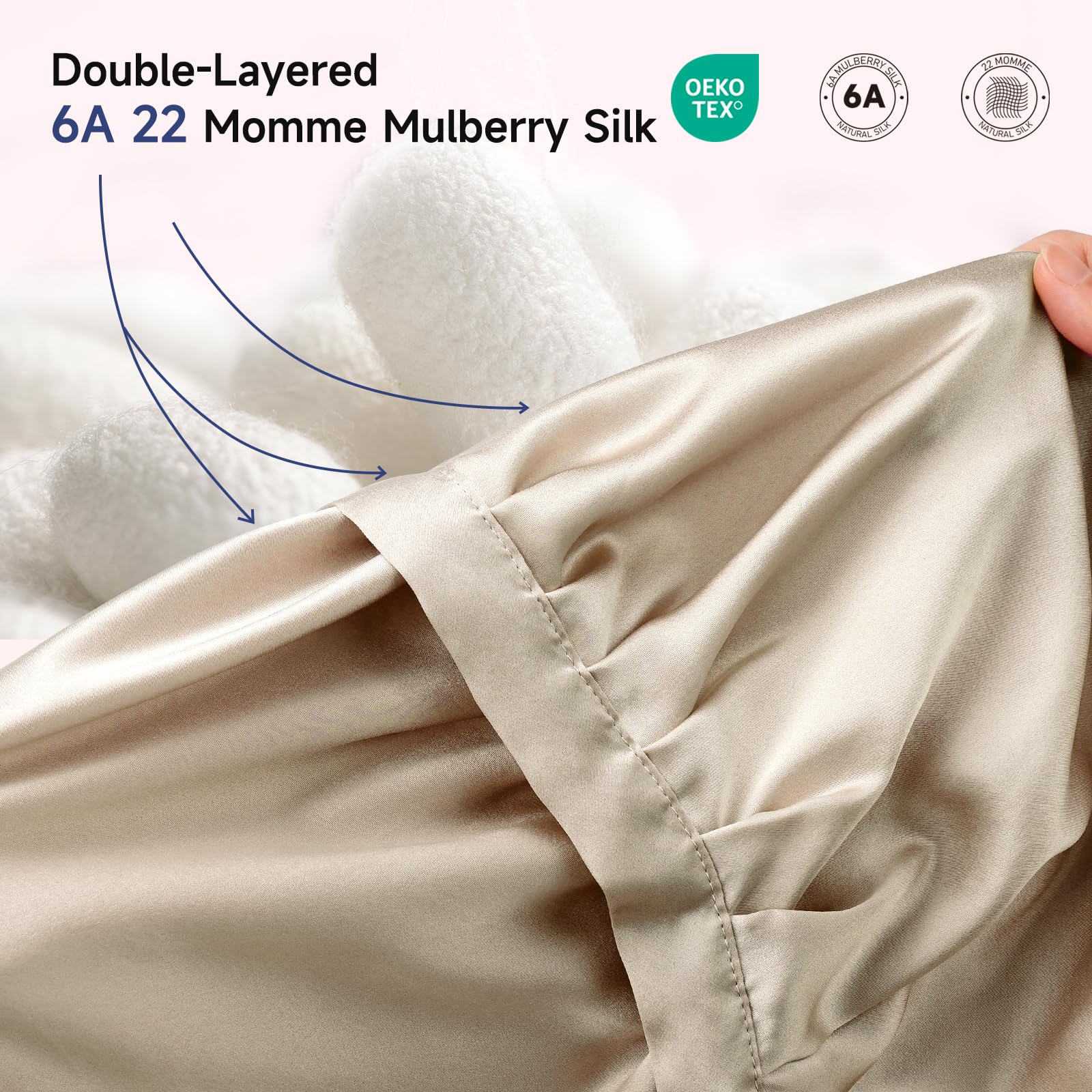 Kaome close-up of inner 22 momme mulberry silk lining with breathable texture