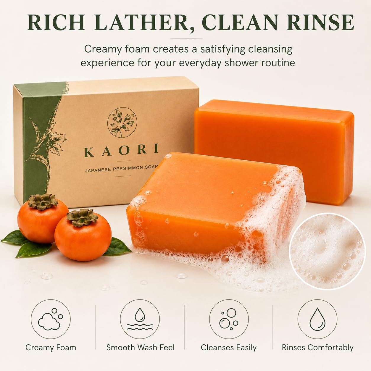 Kaori Bloom soap on bathroom shelf for everyday routine convenience