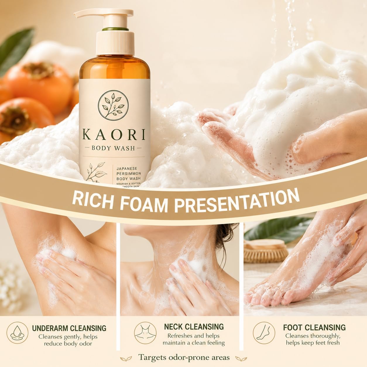 Kaori Body Wash in hand to show travel-friendly bottle and portability