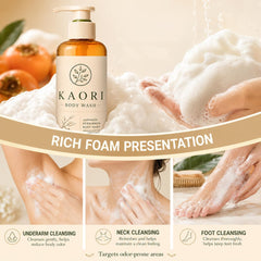 Kaori Body Wash in hand to show travel-friendly bottle and portability