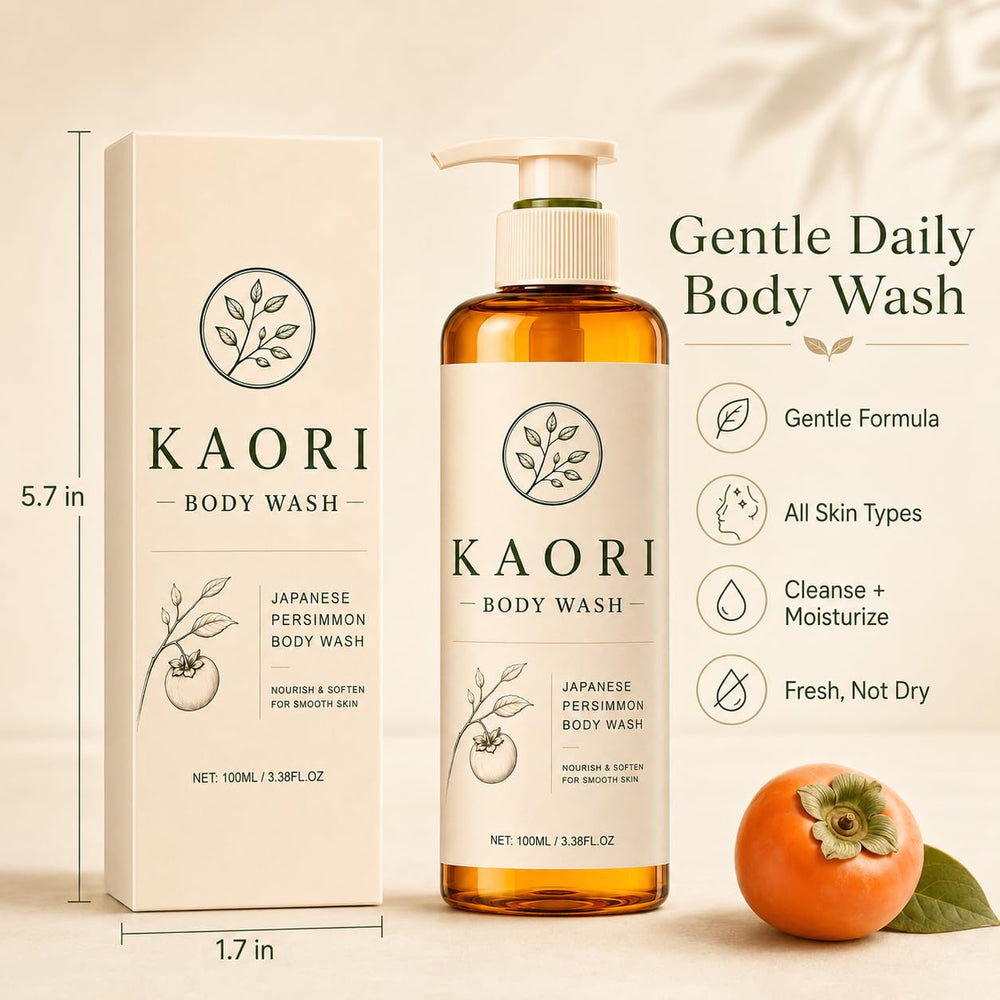 Kaori Body Wash label close-up highlighting persimmon extract and moisturizing benefits