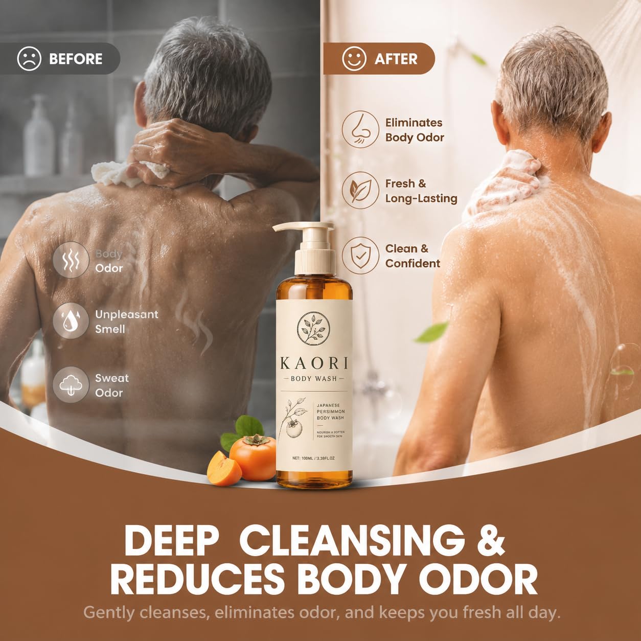Kaori Body Wash applied underarm demonstrating odor-control benefit