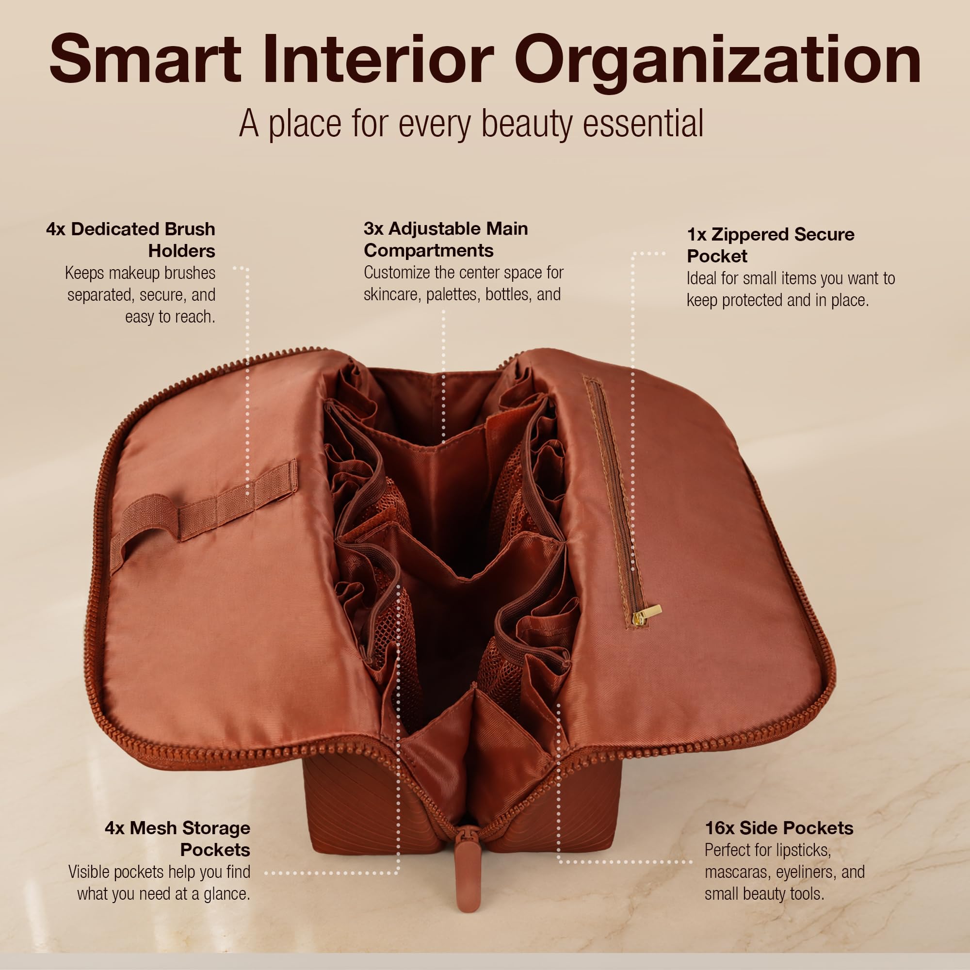 KAPHERS mesh pockets holding travel bottles visible and secure