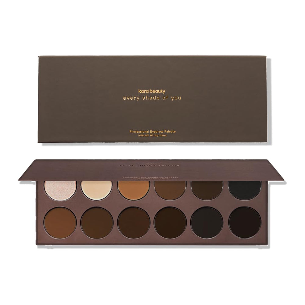 Kara Beauty front palette view showing all 16 shades and benefits