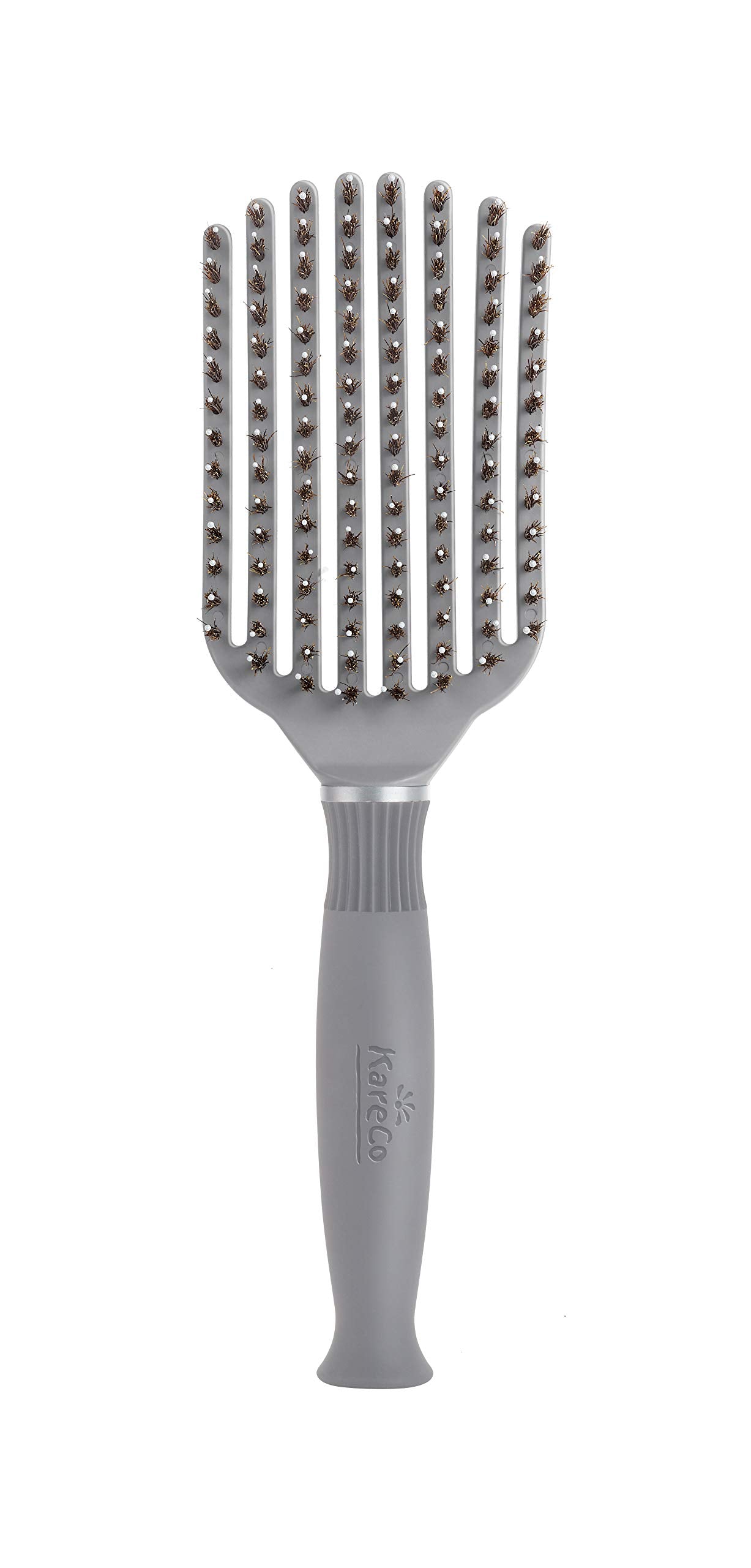KareCo front view gray brush showing compact detangling design and travel convenience