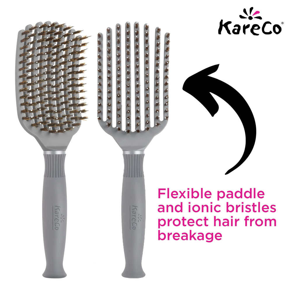 KareCo brush beside travel pouch illustrating compact storage for travel