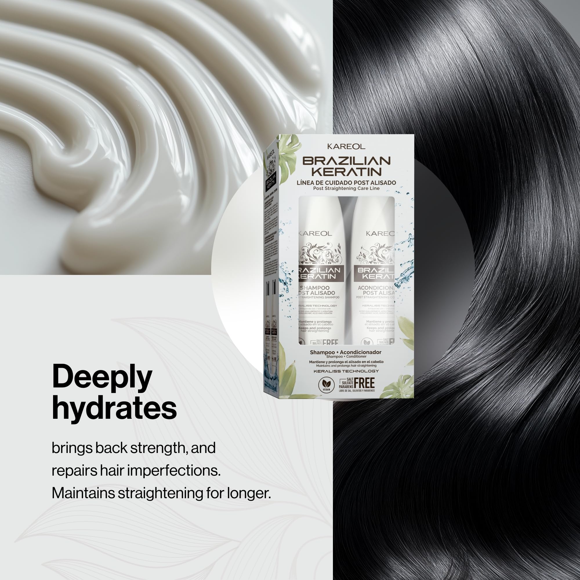 Kareol label ingredients closeup highlighting keratin and hyaluronic acid