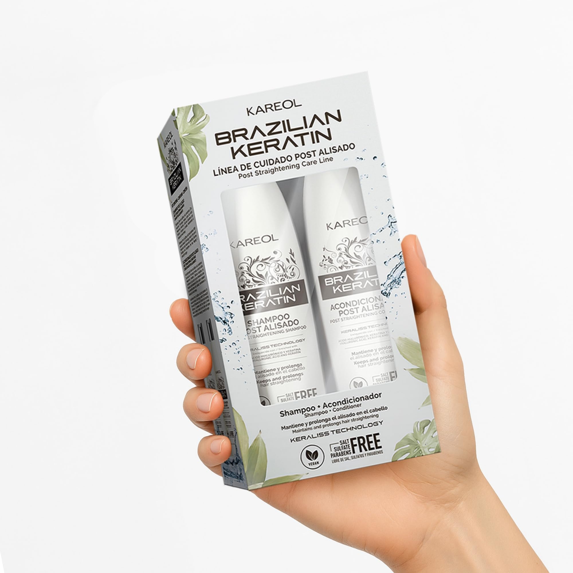Kareol bottles in a hand for scale showing compact, travel-friendly size