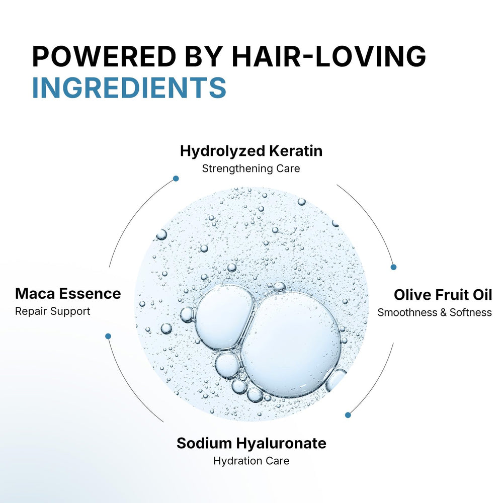 Karseell product droplets on hair strand showing smoothing and shine benefit