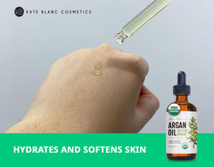 Kate Blanc Cosmetics applying oil to hair ends for frizz control and shine