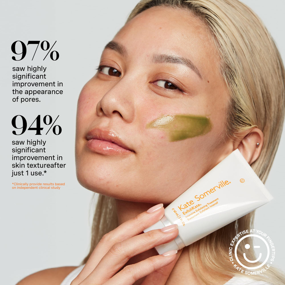 Kate Somerville hand applying exfoliant illustrating easy pump application benefit