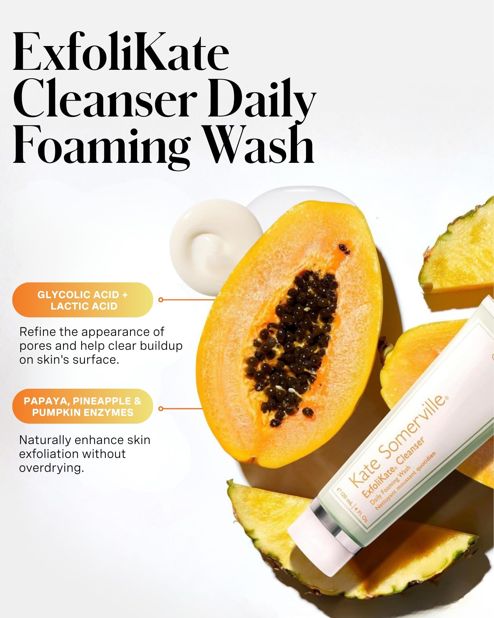 Kate Somerville label close-up highlighting active AHA and enzyme ingredients benefit