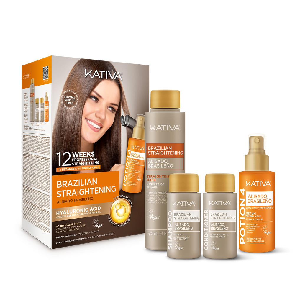 KATIVA kit front packaging showing complete Brazilian keratin system and benefits