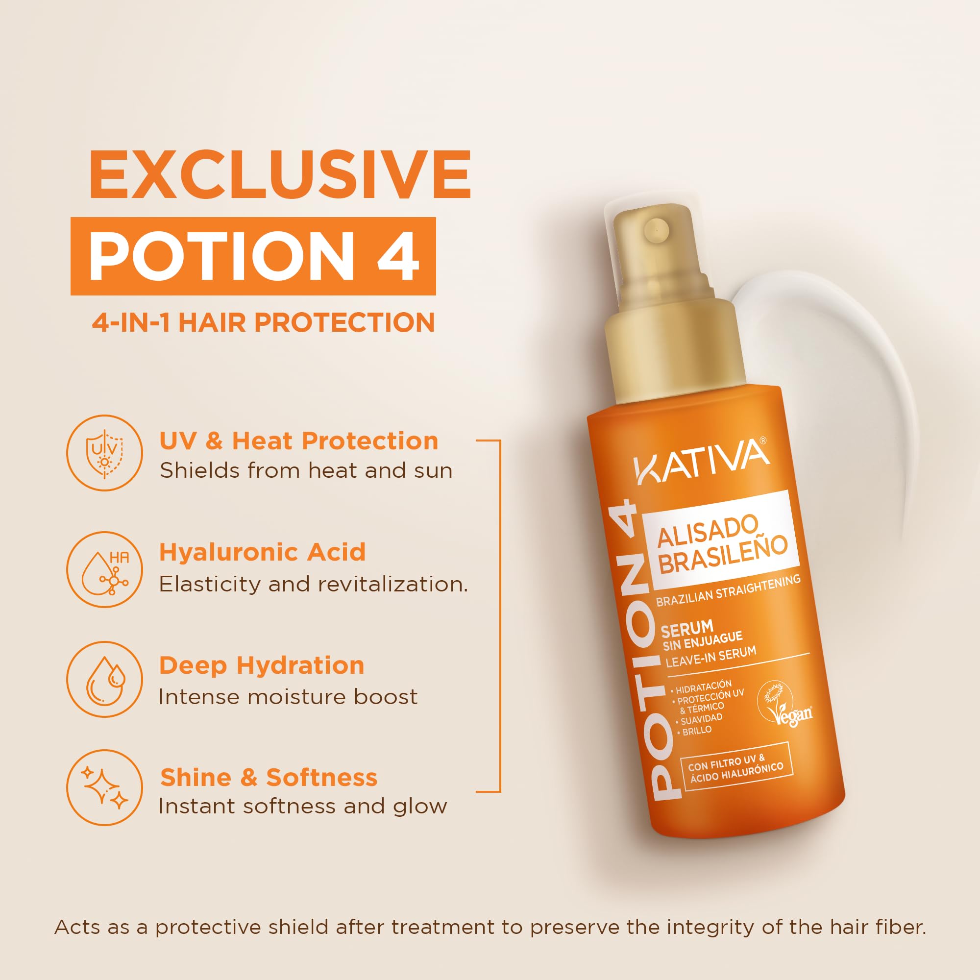 KATIVA Potion 4 serum bottle closeup protecting hair from heat and boosting shine