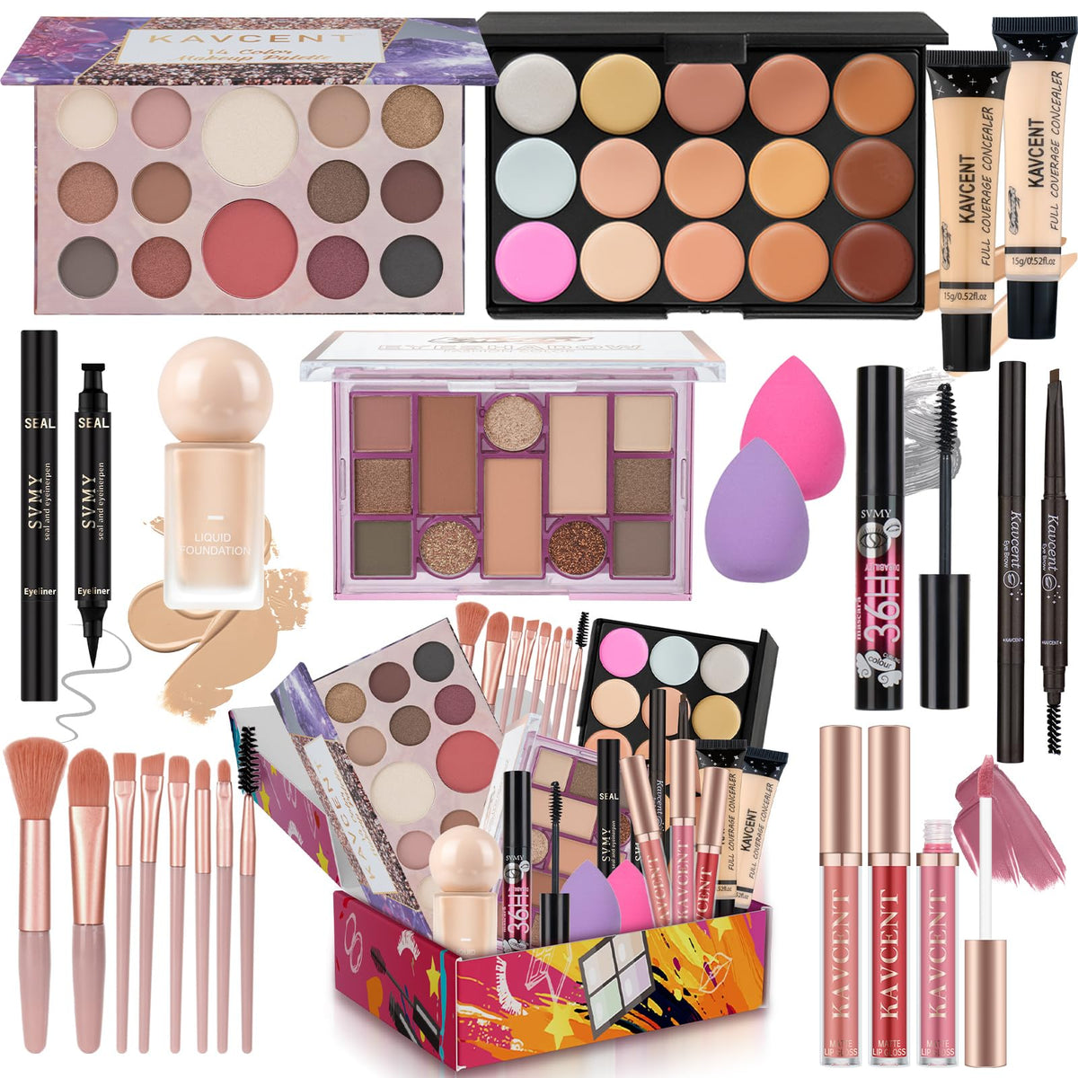 KAVCENT front packaging showing full makeup kit and gift-ready presentation