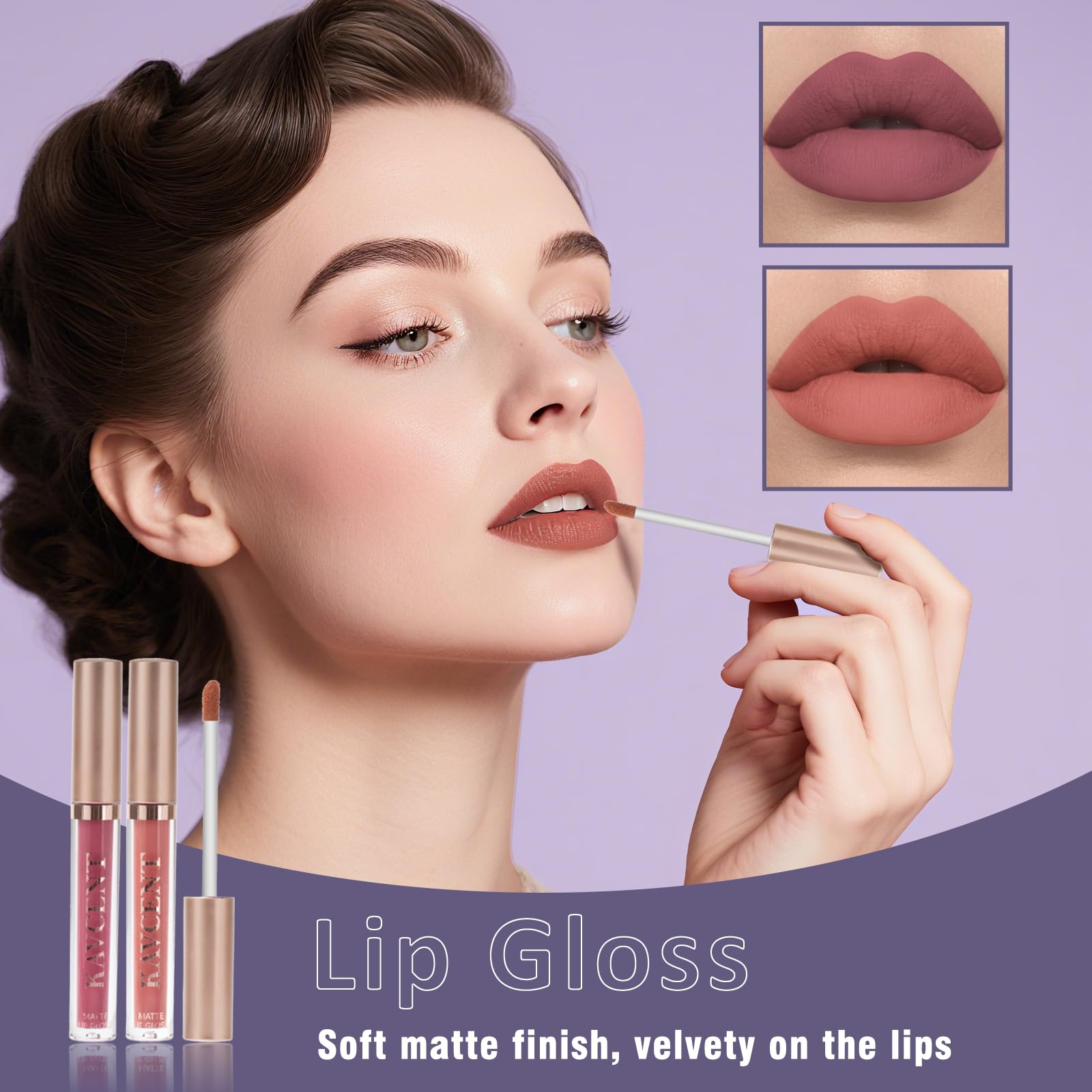 KAVCENT mascara and lip gloss duo showing lash definition and shine benefit