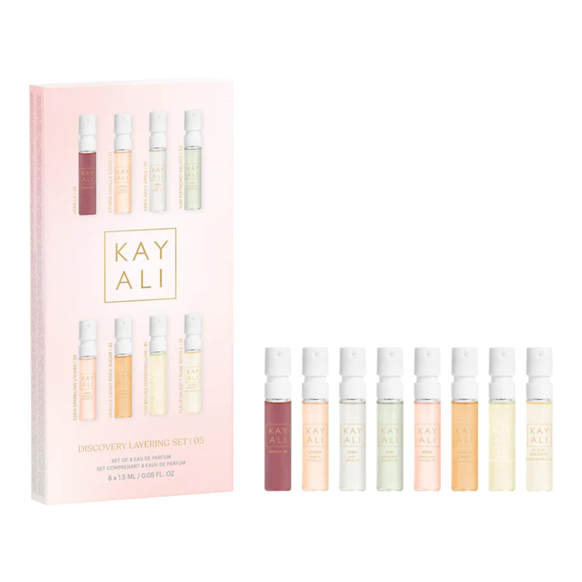 KAYALI discovery set front view showing elegant packaging and sample variety for gifting
