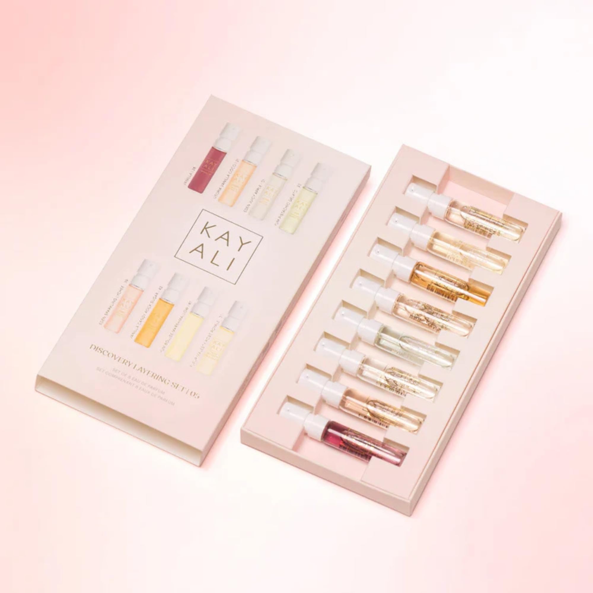 KAYALI mini sprays close-up of labels highlighting scent names and easy-to-spray tops