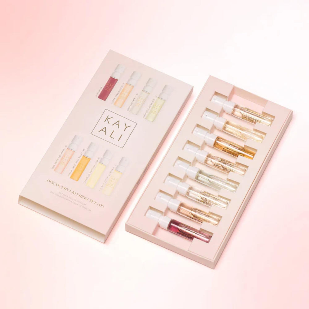 KAYALI mini sprays close-up of labels highlighting scent names and easy-to-spray tops
