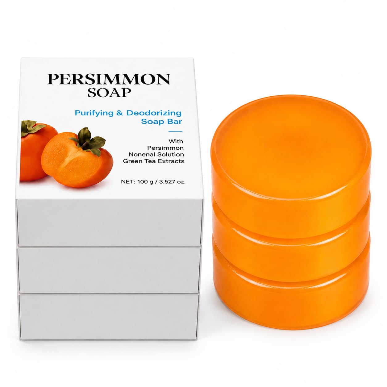 KDMAN persimmon soap front packaging showing three-bar value pack and benefits