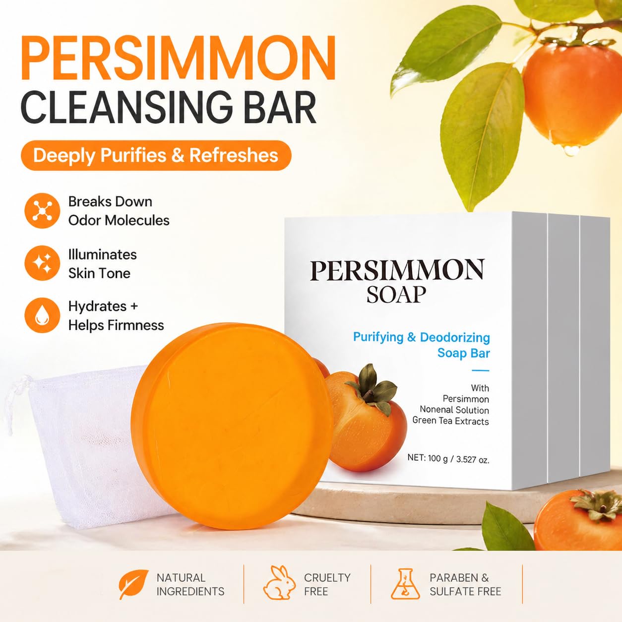 KDMAN persimmon soap three bars arranged to show total 10.5 oz and practical set