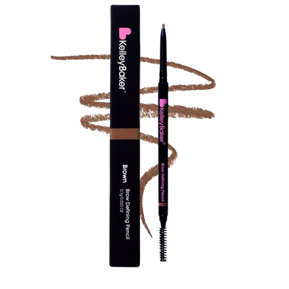 Kelley Baker brow pencil front packaging showing compact design and shade benefits